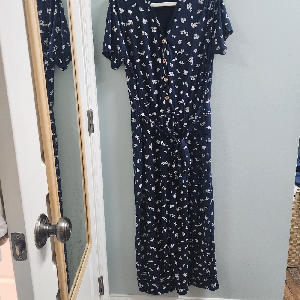 Navy Floral Button-Front Jumpstiot with Tie Waist